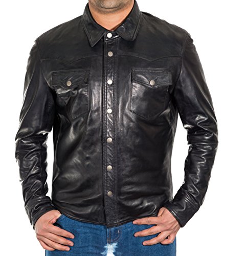 Mens Black Leather Smart Fitted Denim Levis Shirt Style Stud Button Trucker jacket