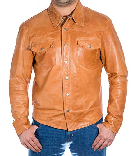 Mens Light Brown Tan Leather Smart Fitted Denim Levis Shirt Style Stud Button Trucker jacket
