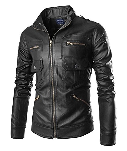 Aowofs Men's Stand Collar Multi Pocket Leather Motorcycle Jacket (US:S/Asia Tag L, Black)